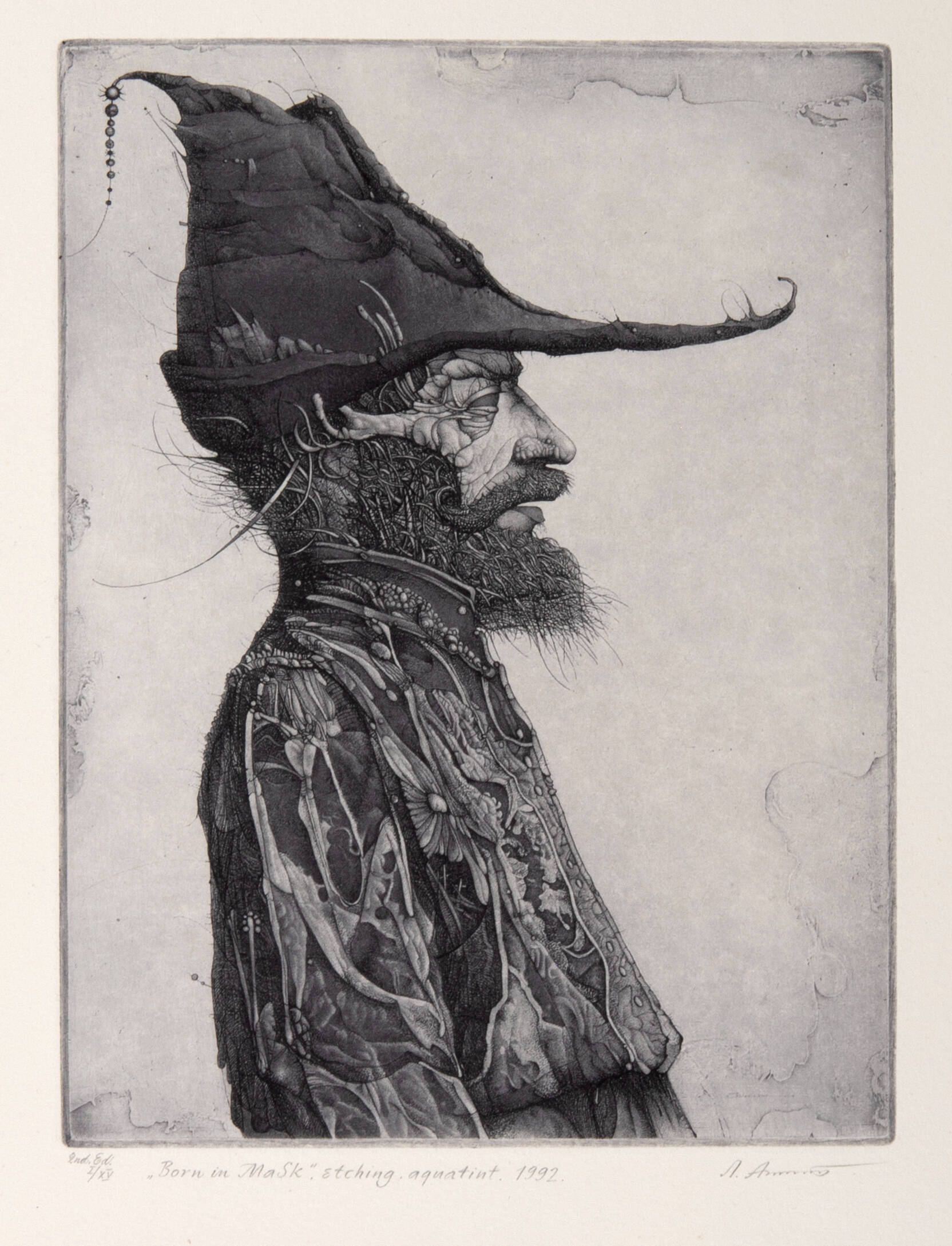 Side portrait of a man with a bear and a hat. His face and body are made up of images of natural items like leaves and flowers.